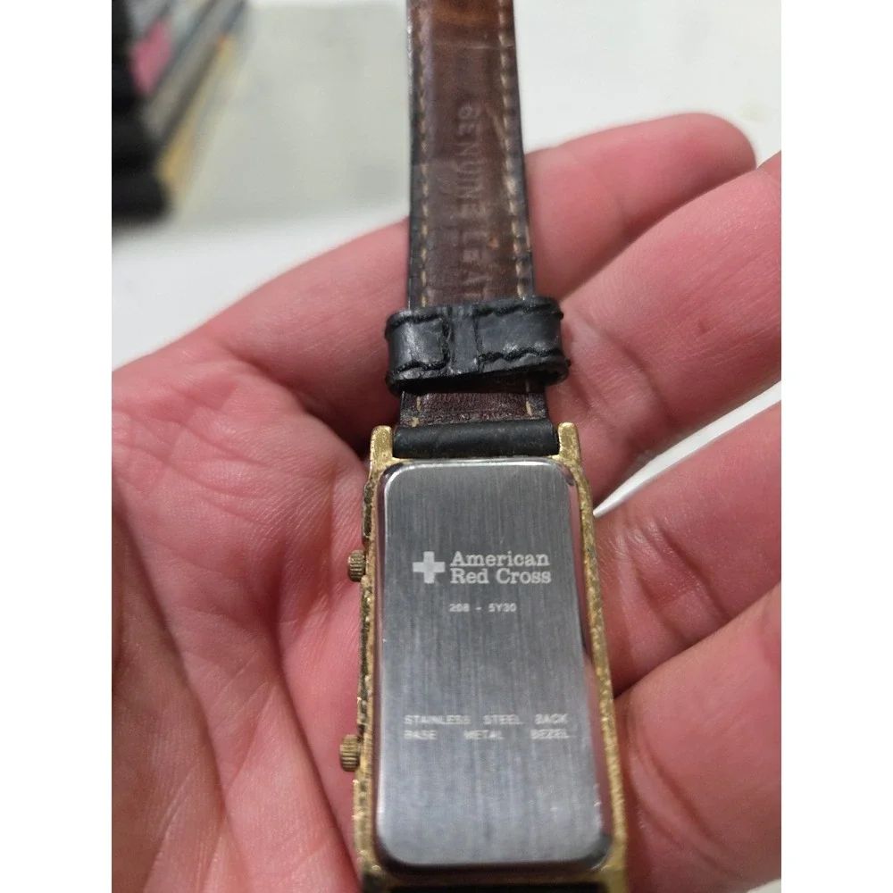American Red Cross Dual Time Watch Black Leather Band Gold Case Japan Mens